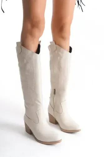 Beige Leather Embroidered Zippered Western Cowboy Women's Long Below Knee Boots-Beige Leather Long - 1