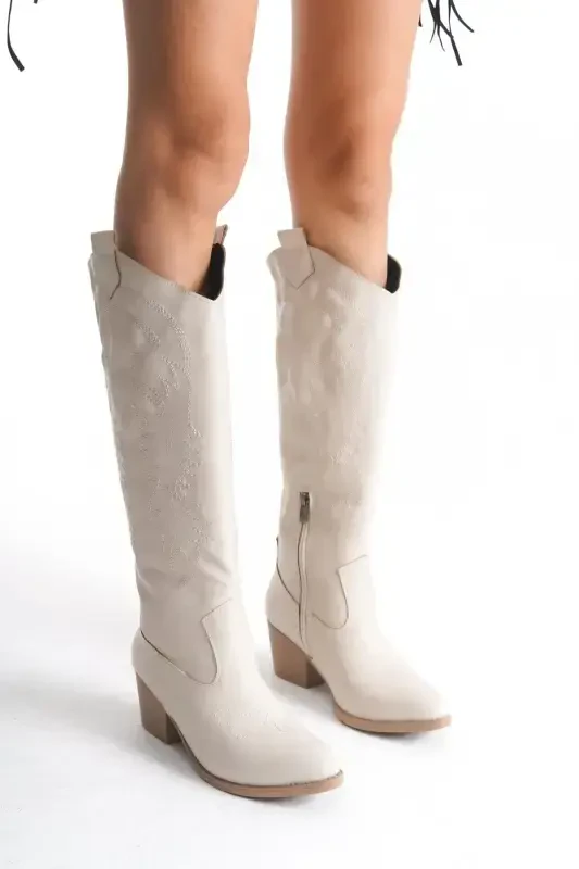 Beige Leather Embroidered Zippered Western Cowboy Women's Long Below Knee Boots-Beige Leather Long - BAK STORE