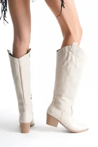 Beige Leather Embroidered Zippered Western Cowboy Women's Long Below Knee Boots-Beige Leather Long - 4