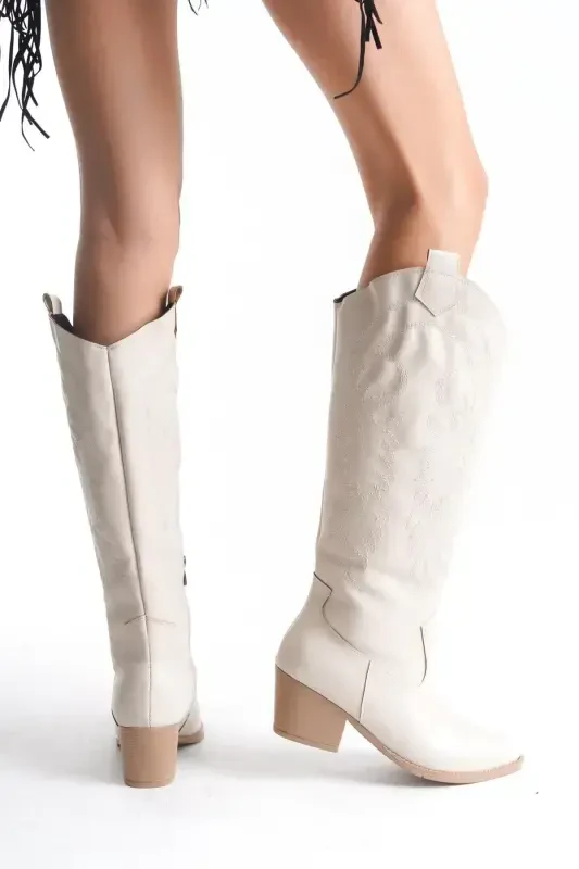 Beige Leather Embroidered Zippered Western Cowboy Women's Long Below Knee Boots-Beige Leather Long - 4