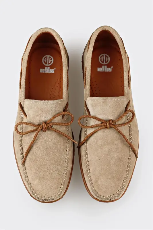 Beige Leather Men's Casual Shoes - 4