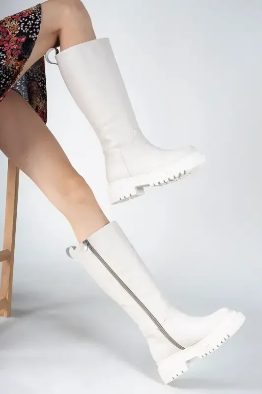 Beige Leather Women's Boot 0012360-Beige Leather - 4