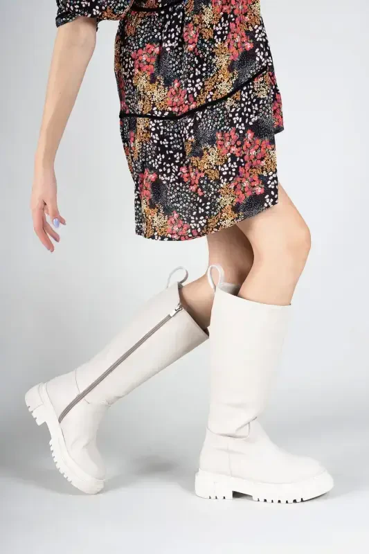 Beige Leather Women's Boot 0012360-Beige Leather - 5