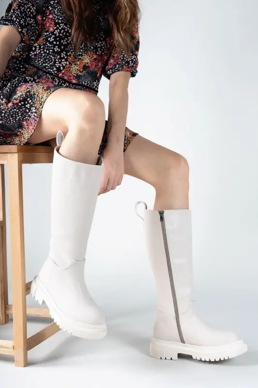 Beige Leather Women's Boot 0012360-Beige Leather - 2