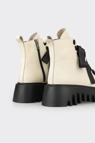 Beige Leather Women's Casual Boot - 4