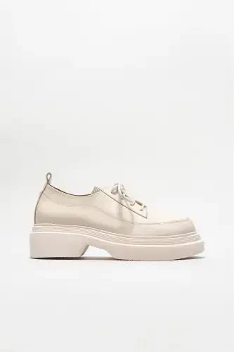 Beige Leather Women's Casual Shoes - 1