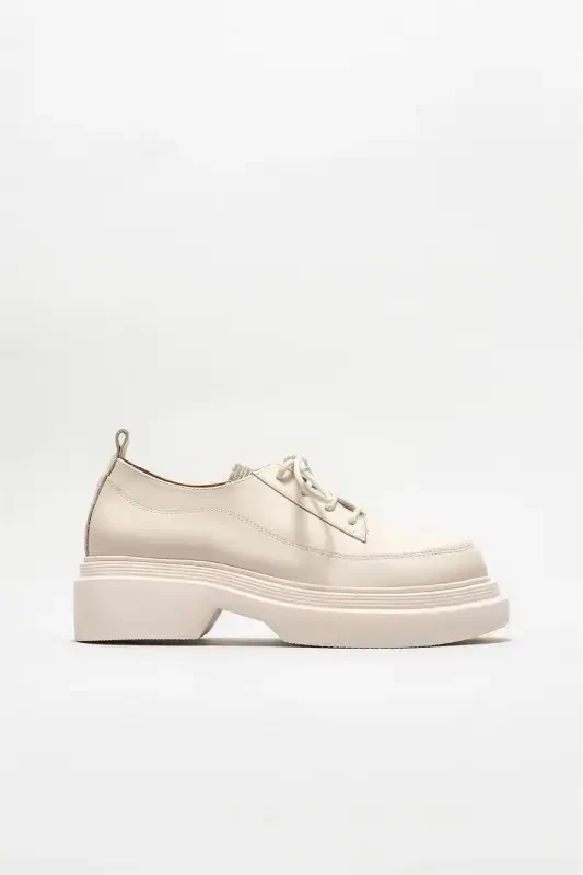 Beige Leather Women's Casual Shoes - 1