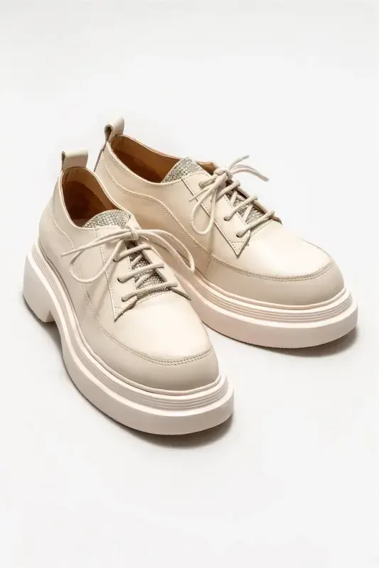 Beige Leather Women's Casual Shoes - 2