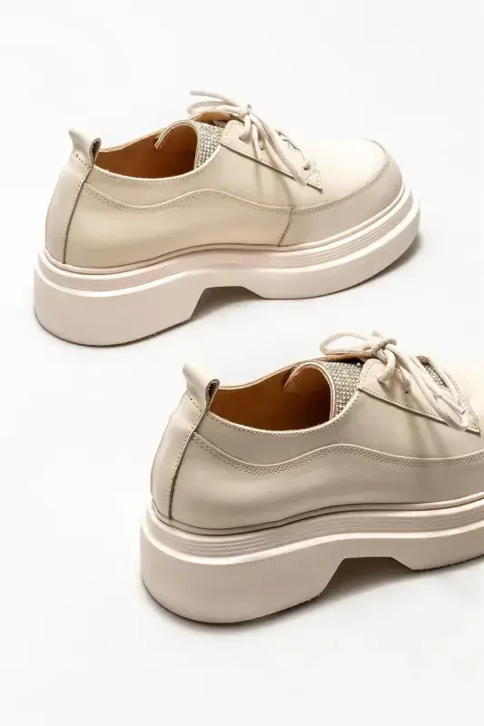 Beige Leather Women's Casual Shoes - 3