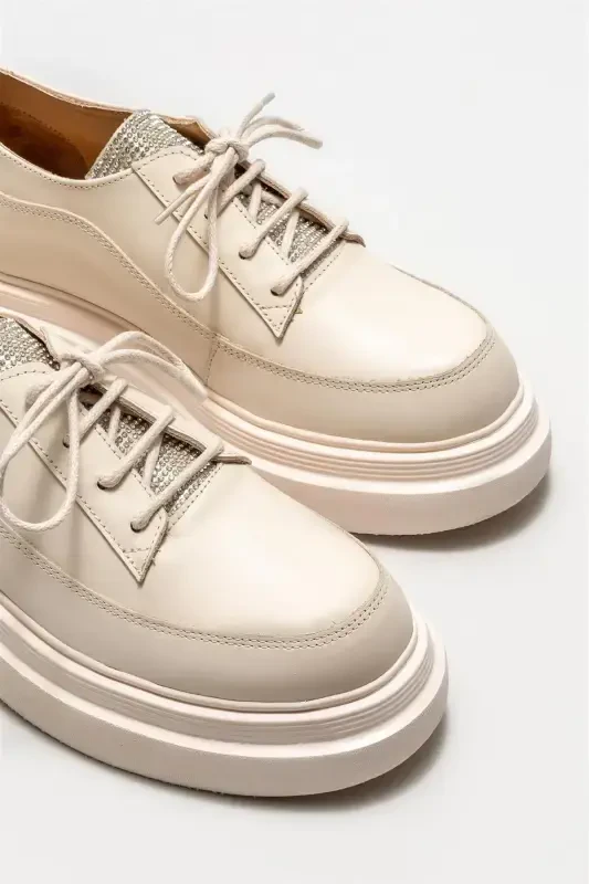 Beige Leather Women's Casual Shoes - 4