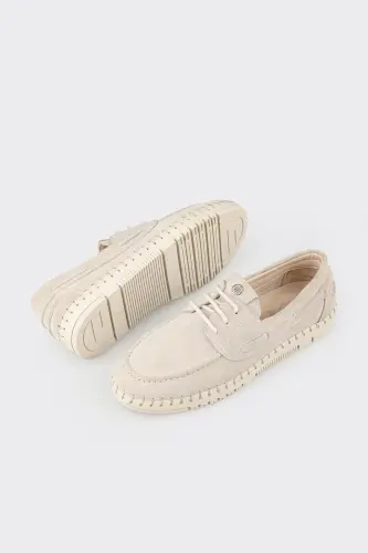 Beige Leather Women's Casual Shoes-Beige - 3