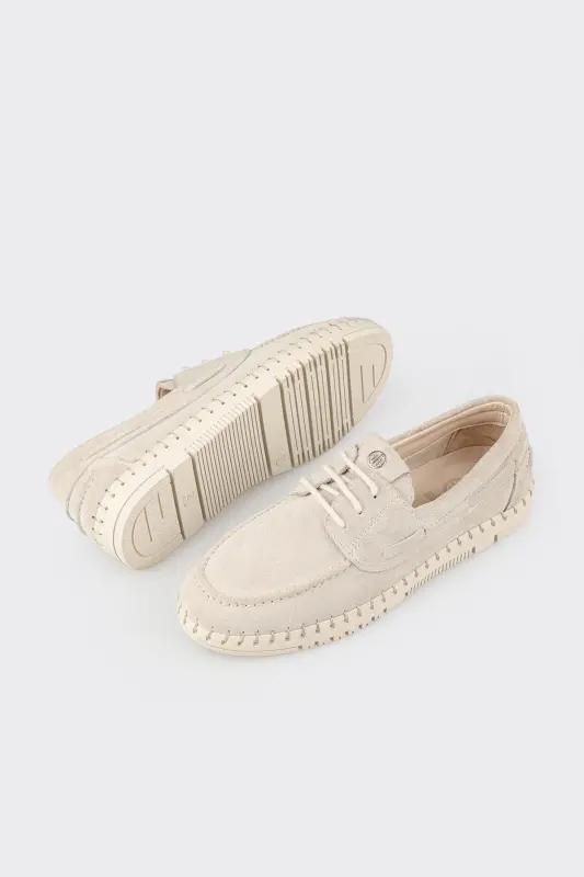 Beige Leather Women's Casual Shoes-Beige - 3