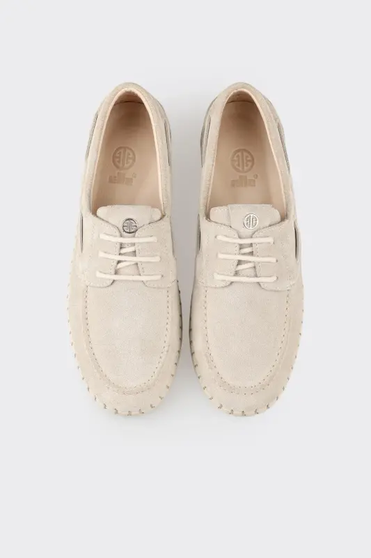 Beige Leather Women's Casual Shoes-Beige - 4