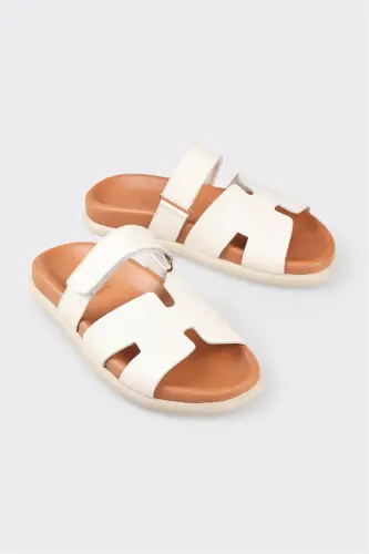 Beige Leather Women's Flat Sandals - ELLE SHOES (1)