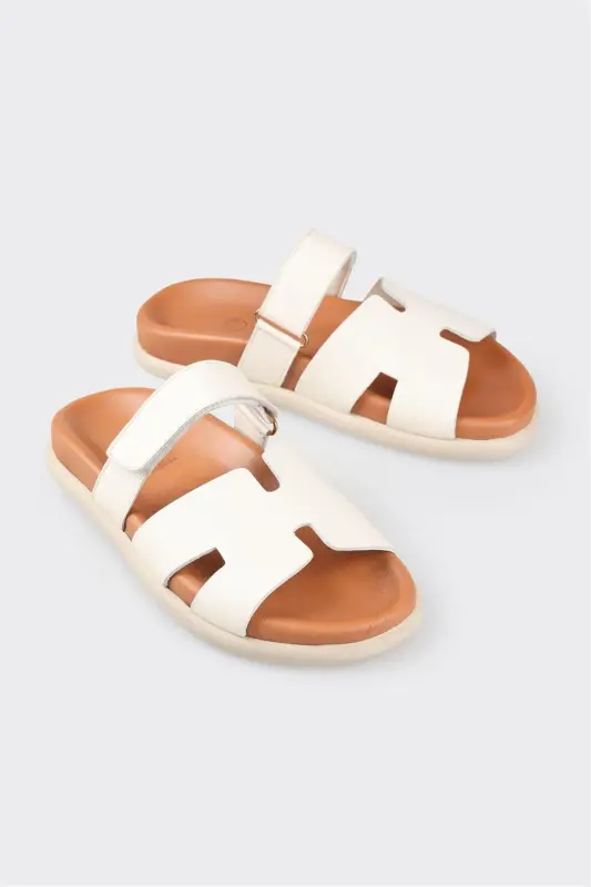 Beige Leather Women's Flat Sandals - 2