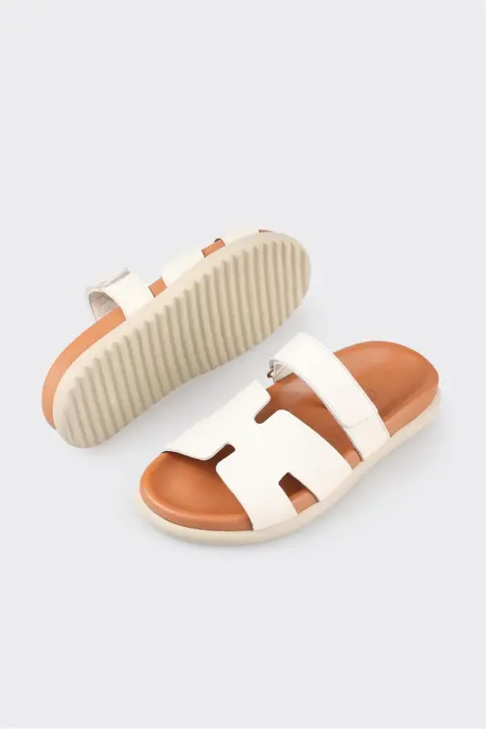 Beige Leather Women's Flat Sandals - 3