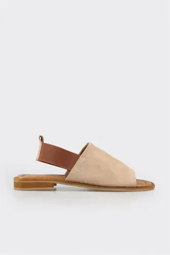Beige Leather Women's Flat Sandals - 1
