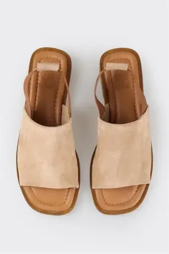 Beige Leather Women's Flat Sandals - 4