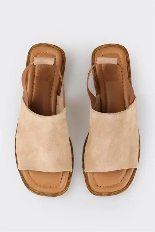 Beige Leather Women's Flat Sandals - 4