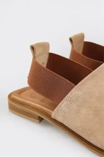 Beige Leather Women's Flat Sandals - 5