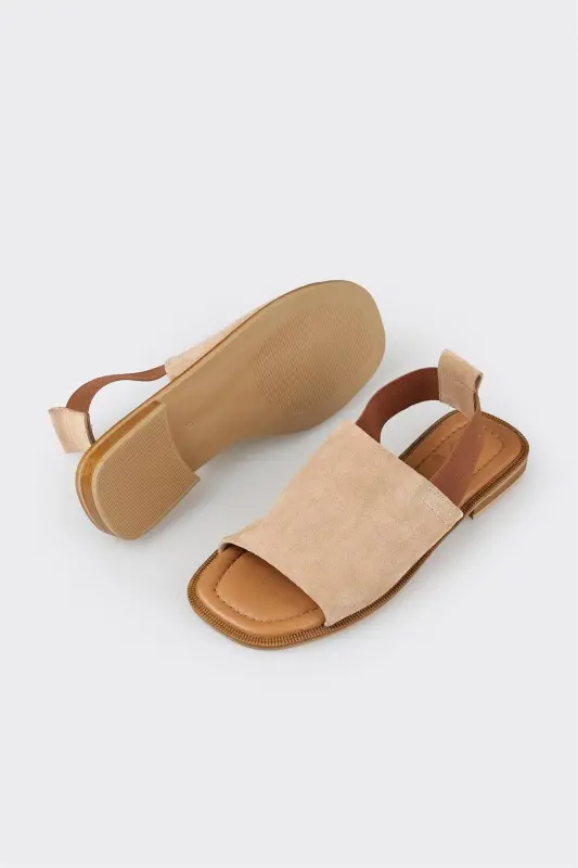 Beige Leather Women's Flat Sandals - 3