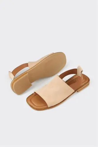 Beige Leather Women's Flat Sandals - 3