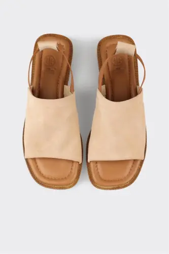 Beige Leather Women's Flat Sandals - 4