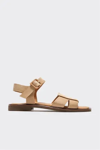 Beige Leather Women's Flat Sandals 