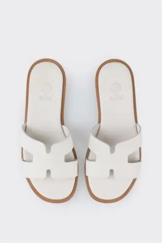 Beige Leather Women's Flat Sandals - 4