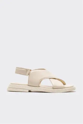 Beige Leather Women's Flat Sandals - 1