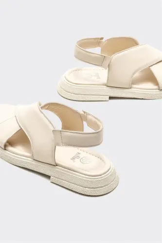 Beige Leather Women's Flat Sandals - 4