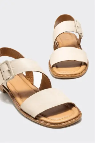 Beige Leather Women's Flat Sandals - 3