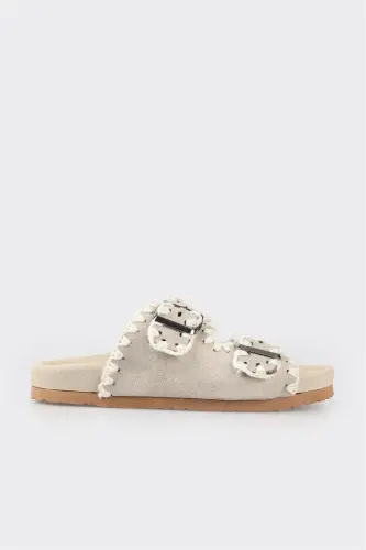 Beige Leather Women's Flat Slipper-Beige - 1