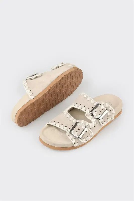 Beige Leather Women's Flat Slipper-Beige - 3