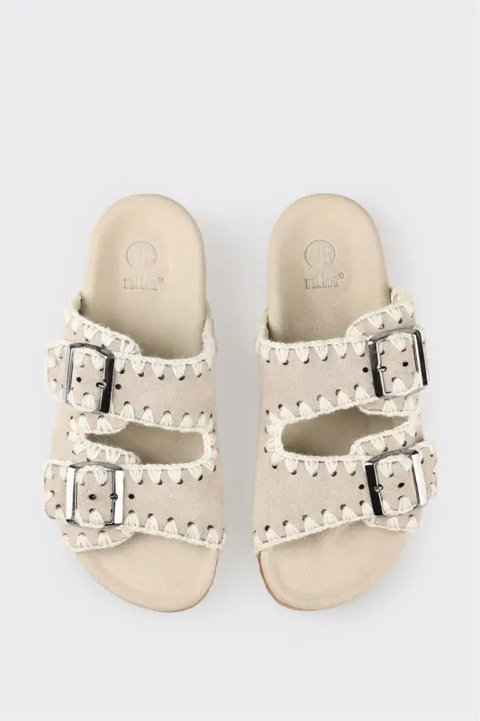 Beige Leather Women's Flat Slipper-Beige - 4