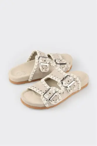 Beige Leather Women's Flat Slipper-Beige - 5