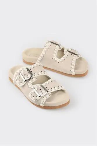 Beige Leather Women's Flat Slipper-Beige - 2