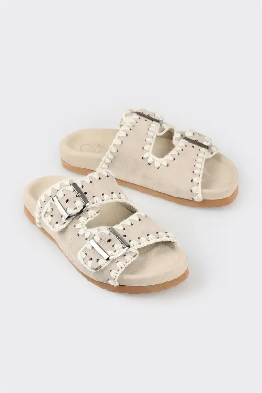 Beige Leather Women's Flat Slipper-Beige - 2
