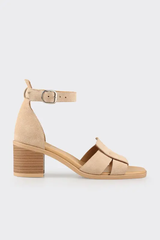 Beige Leather Women's Heeled Sandals - 1