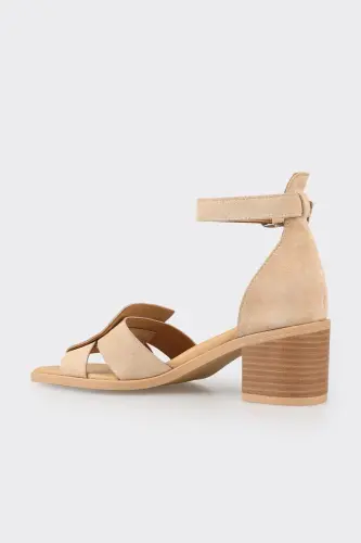 Beige Leather Women's Heeled Sandals - 3