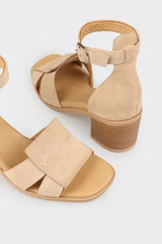 Beige Leather Women's Heeled Sandals - 4