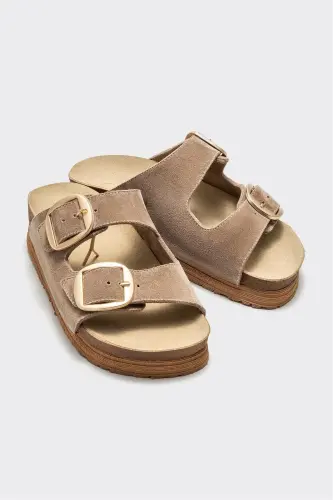 Beige Leather Women's Slipper - ELLE SHOES (1)