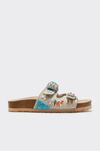 Beige Leather Women's Slippers 