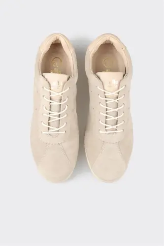 Beige Leather Women's Sneaker-Beige - 4