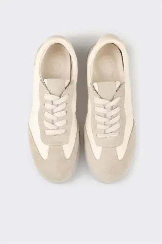 Beige Leather Women's Sneaker-Beige - 4