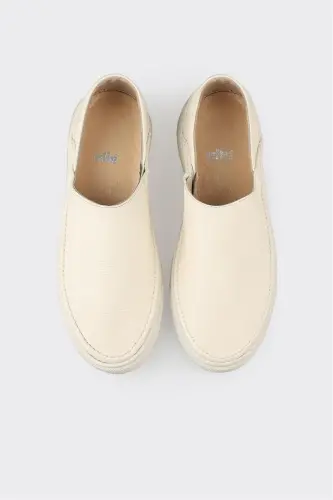 Beige Leather Women's Sneaker-Beige - 4