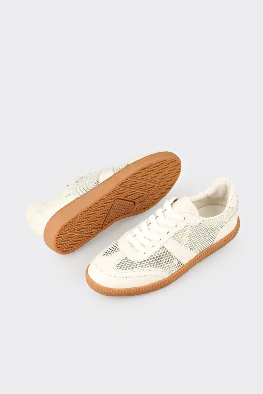 Beige Leather Women's Sneaker-Beige - 3