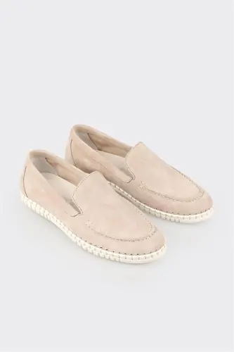 Beige Leather Women's Sneakers-Beige - ELLE SHOES (1)