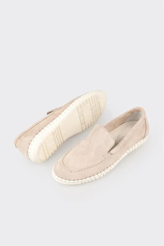 Beige Leather Women's Sneakers-Beige - 3