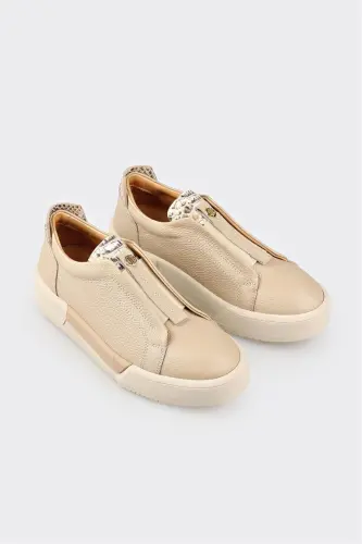 Beige Leather Women's Sneakers-Beige - ELLE SHOES (1)